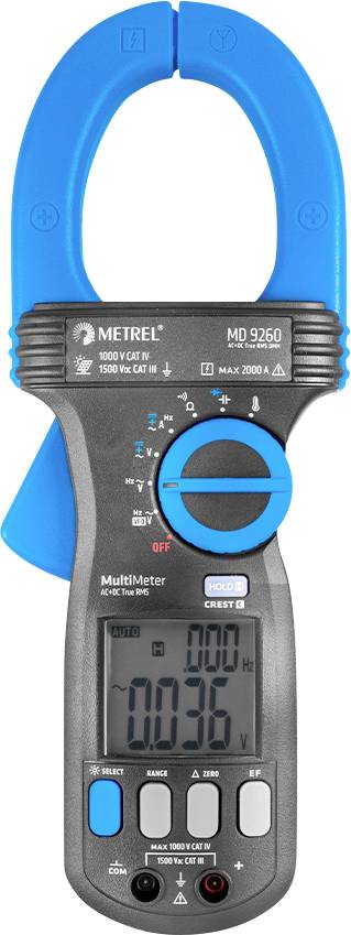 Tragbares digitales Multimeter und Stromzangenmessgerät METREL MD 9260 mit Drehwahlschalter, LCD-Display und Messtasten.