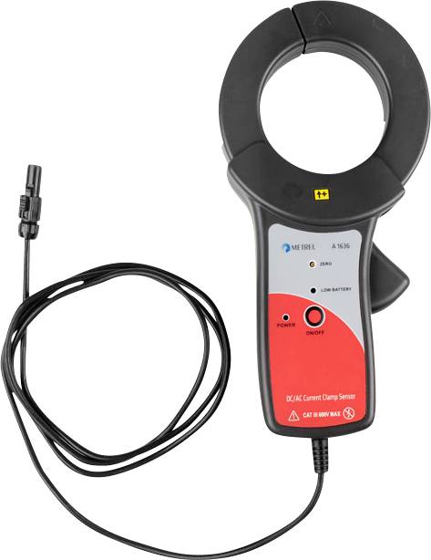 Zangenförmiger Gleichstrom-/Wechselstromstromsensor mit Spulenkabel und Stecker, Frontansicht auf weißem Hintergrund.