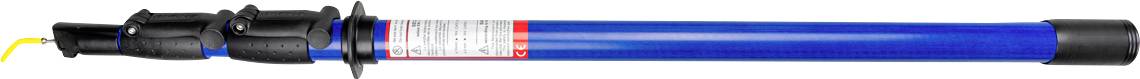 Blauer verstellbarer Teleskopmast mit schwarzen Griffen und Endkappen, horizontal auf weißem Hintergrund dargestellt.