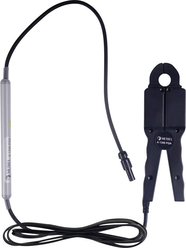 Schwarze elektrische Zangenmessgerät-Messspitze mit flexiblem Kabel und isoliertem Griff auf weißem Hintergrund.