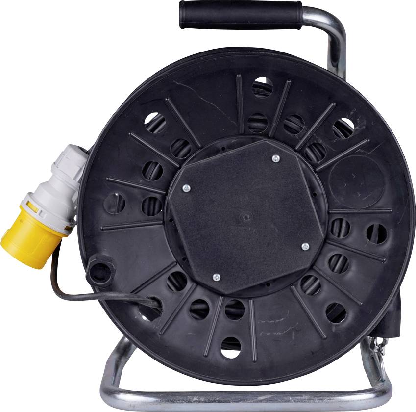 Schwarze Kabelrolle mit Griff und angebrachtem gelbem Stromstecker.