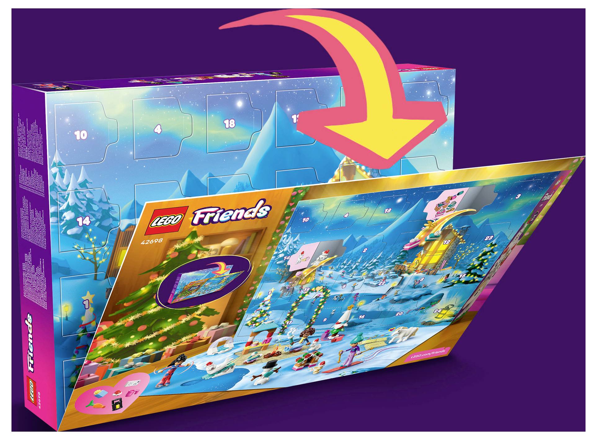 LEGO Friends Adventskalender-Box mit einem großen Pfeil, der auf eine offene Klappe zeigt und eine winterliche Spielszene enthüllt.