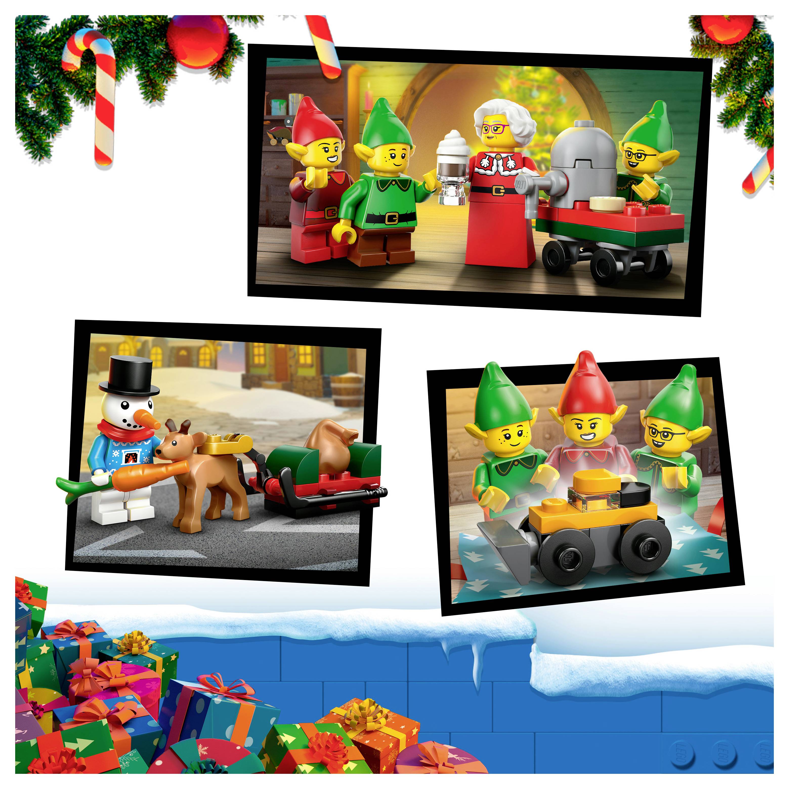 Collage von Weihnachts-LEGO-Szenen: Elfen und Mrs. Claus mit einem Spielzeugwagen, ein Schneemann, der einen Schlitten belädt, und drei Elfen um ein kleines Fahrzeug, mit verpackten Geschenken am unteren Rand.