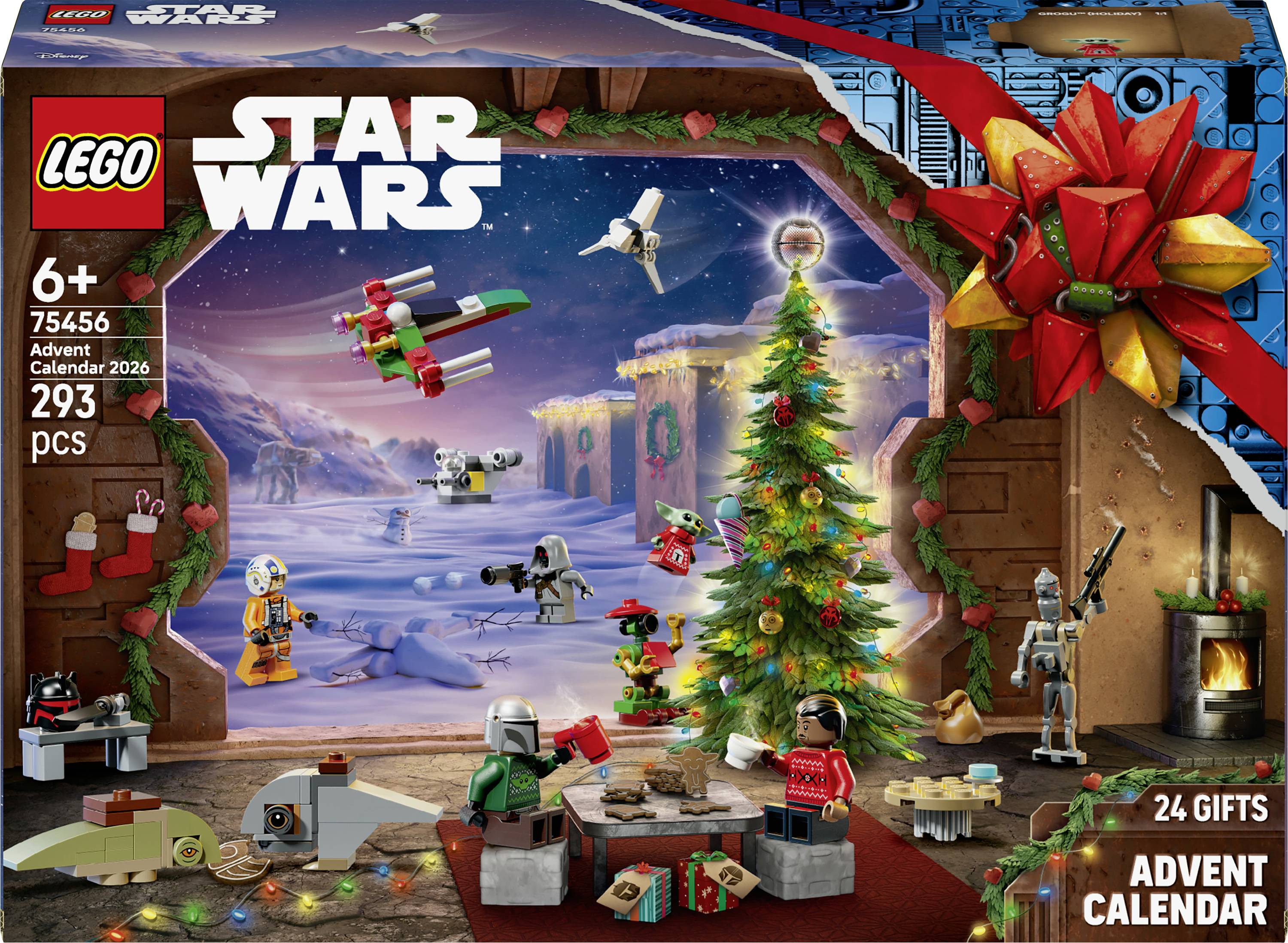 LEGO Star Wars Adventskalender-Karton mit 24 Geschenken, 293 Teilen, ab 6 Jahren, mit Feiertagsminifiguren und einem geschmückten Baum in einer verschneiten Szene.