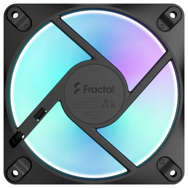Quadratischer schwarzer PC-Kühlungslüfter mit leuchtenden cyan- und purpurfarbenen RGB-Lüfterblättern, mit der Bezeichnung „Fractal", von vorne dargestellt.