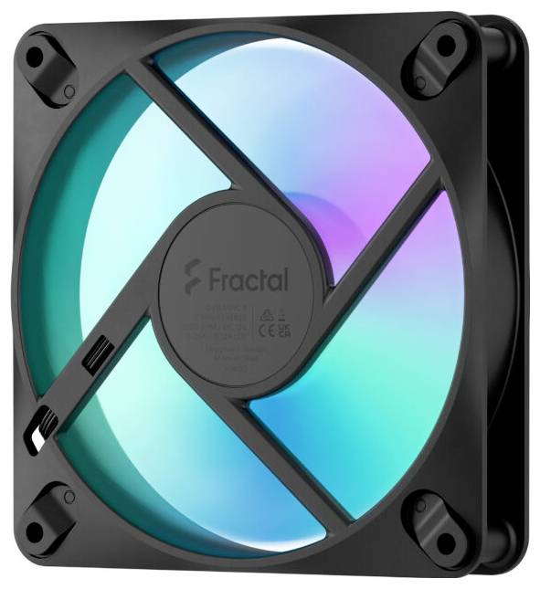 Quadratischer Computer-Kühlungsventilator mit schwarzem Rahmen und türkis-violetten RGB-Blättern, Fractal-Logo in der Mitte