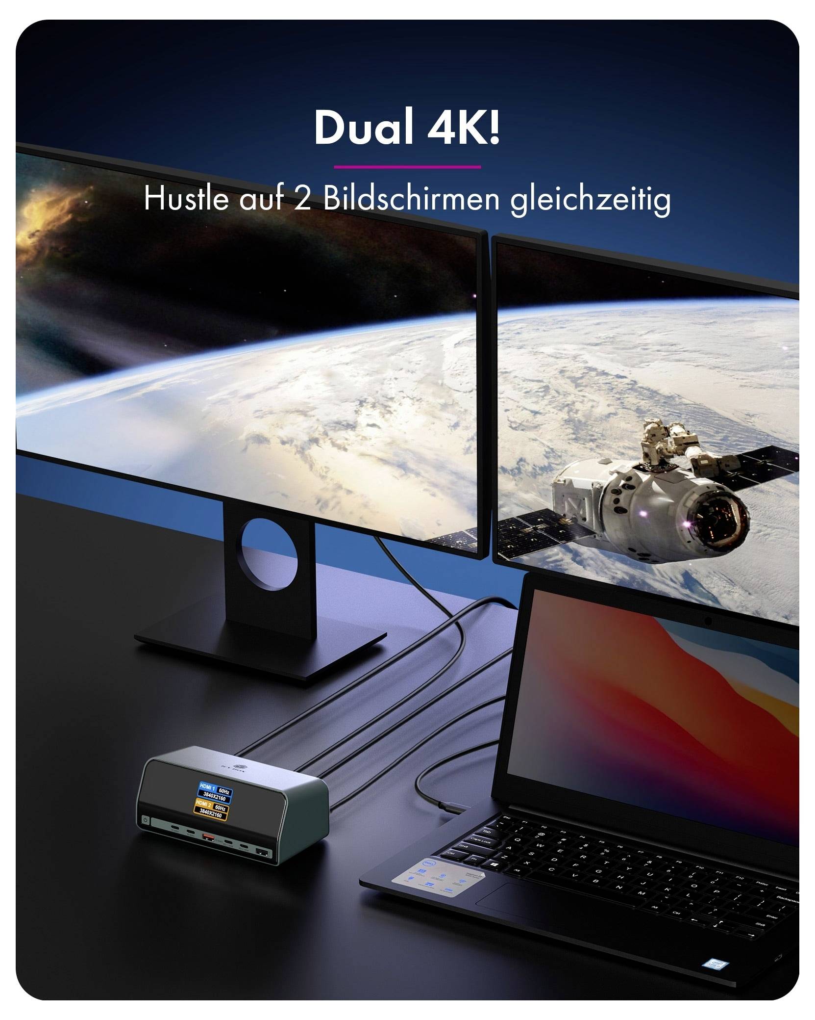 Marketingbild eines Dual-Monitor-4K-Setups mit einem Laptop und einer Dockingstation, das den Text "Dual 4K! Hustle auf 2 Bildschirmen gleichzeitig" zeigt.