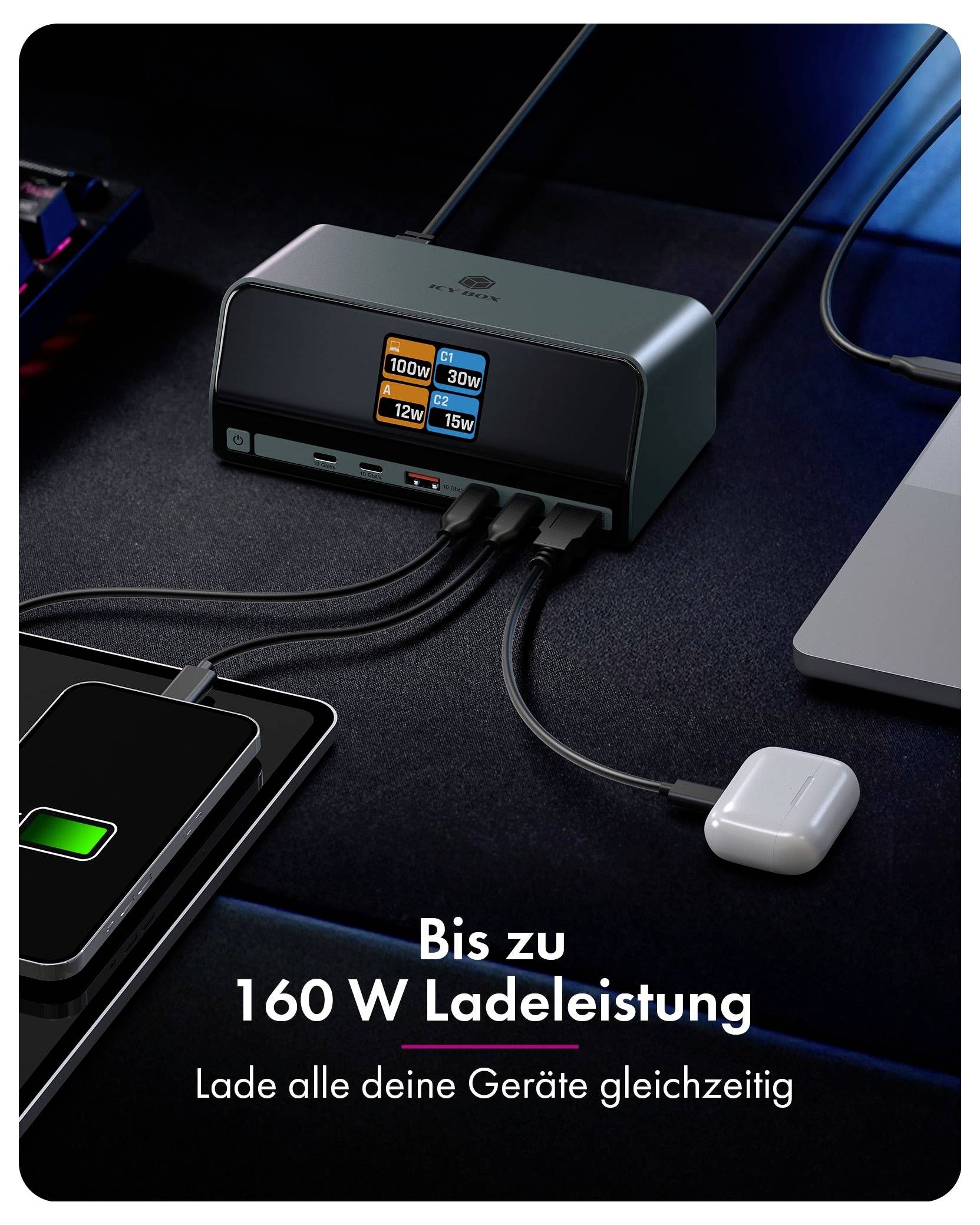 Werbegrafik eines USB-C-Hubs mit „Multi-Port-Konnektivität mit bis zu 10 Gbps", USB 3.2 Gen 2 ultraschnelle Datenübertragung, HDMI-Ausgang und 21x schneller als USB 2.0.