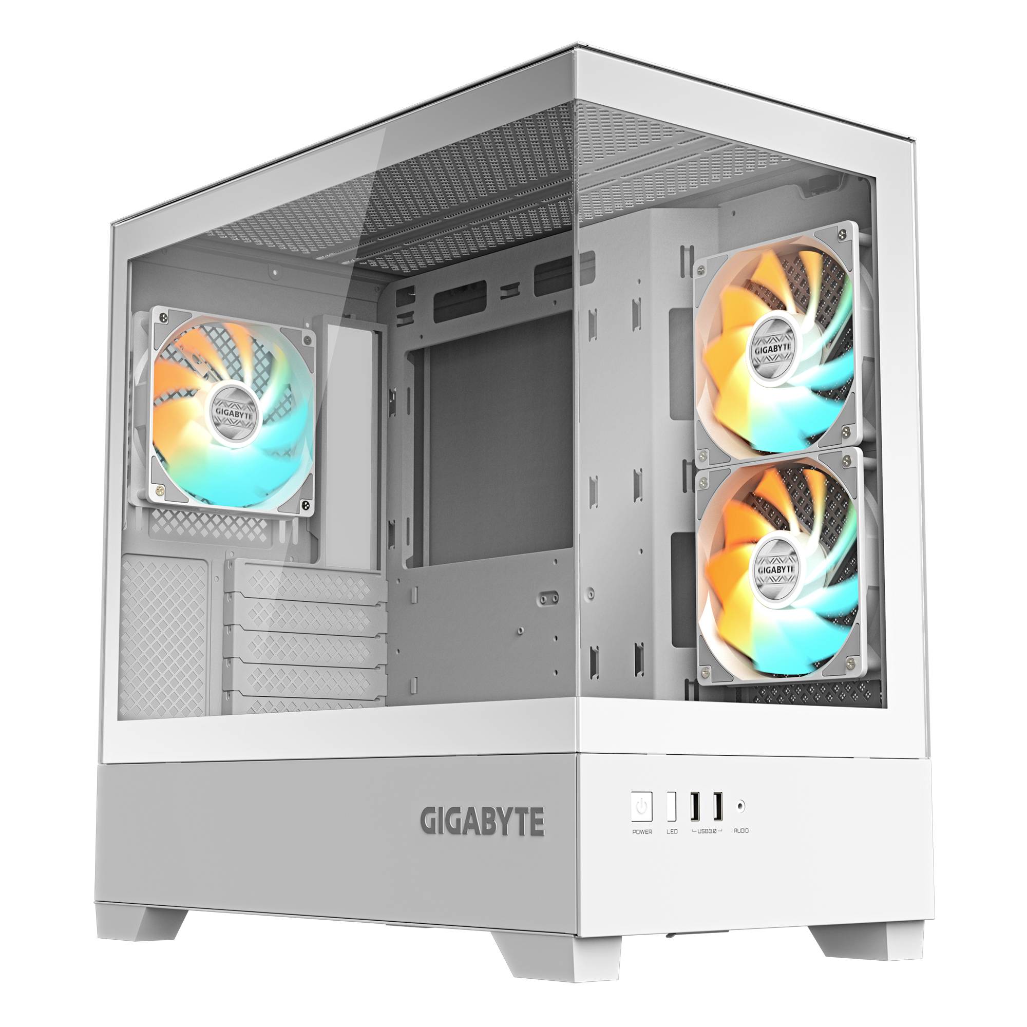 Weißes GIGABYTE-PC-Gehäuse mit transparentem Seitenpanel und drei beleuchteten Kühlventilatoren im Inneren, leer von anderen Komponenten.