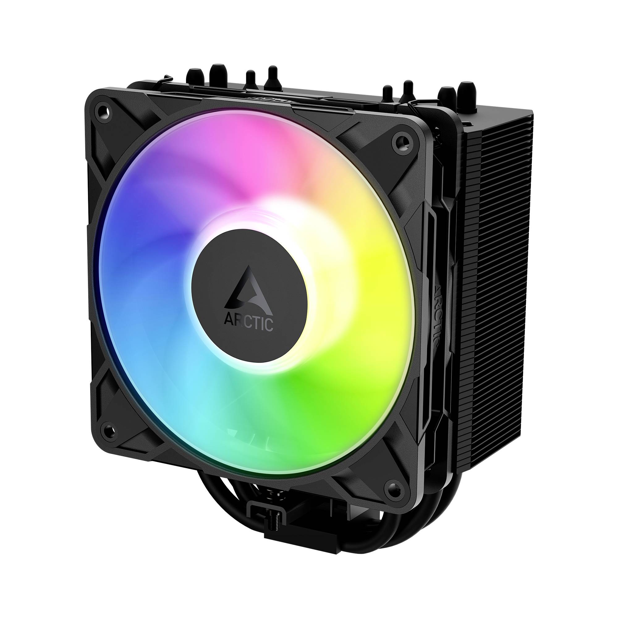 Schwarzer PC-CPU-Kühler mit großem RGB-beleuchteten Lüfter und Lamellen, Marke Arctic, vor weißem Hintergrund dargestellt.