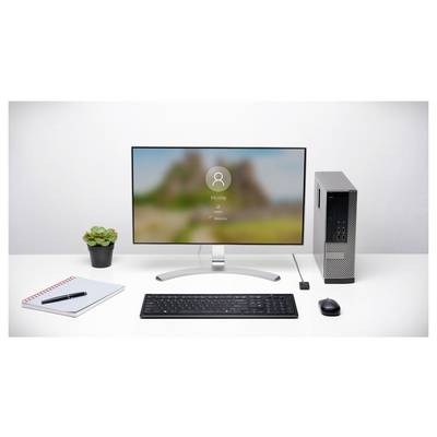 Desktop-Computer-Setup mit Monitor, der einen Anmeldebildschirm anzeigt, Tastatur, Maus, kleine Pflanze, Notizbuch und Tower-PC auf einem weißen Schreibtisch.