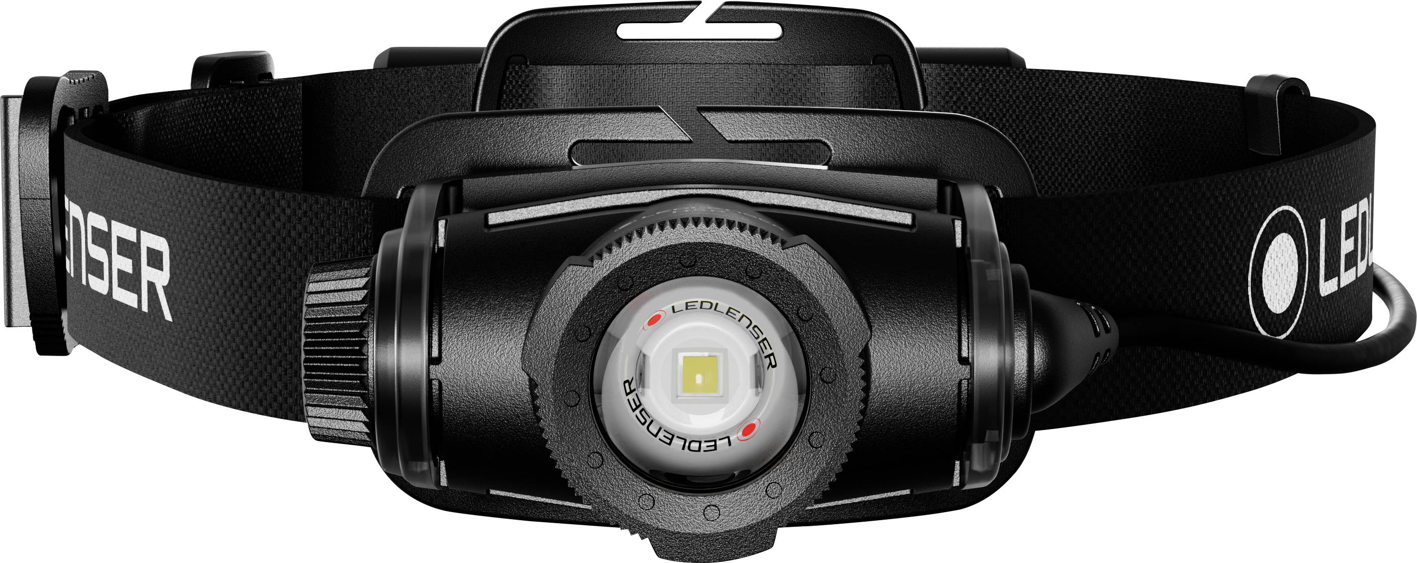 Schwarze LED Lenser Kopflampe mit verstellbarem elastischem Riemen, Vorderansicht auf weißem Hintergrund gezeigt.