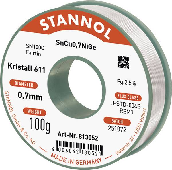 Stannol Lötdraht Kristall 611 Lötzinn, bleifrei bleifrei, Spule REM1 100 g 0.7 mm