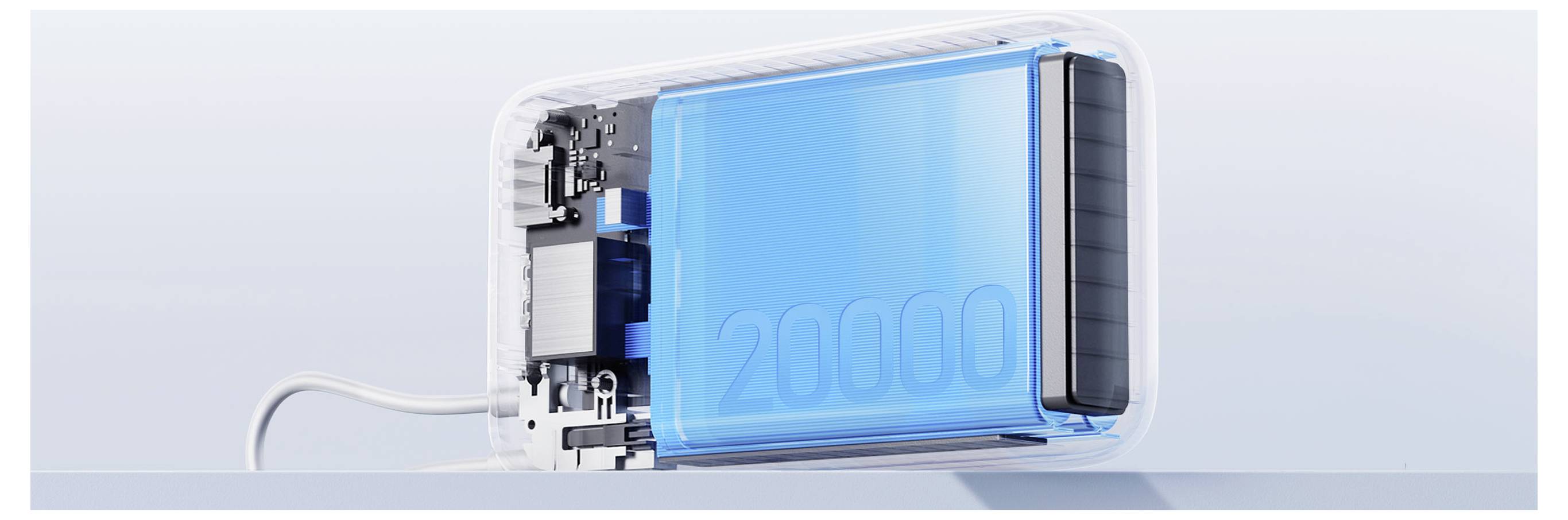 Nahaufnahme eines durchscheinenden blauen elektronischen Geräts oder Akkupacks mit freigelegten internen Komponenten und einem angeschlossenen weißen Kabel.