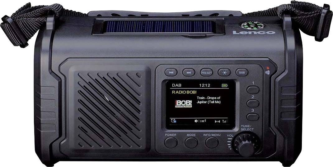 Tragbares Lenco Digitalradio mit eingebautem Lautsprecher, Griff, Antenne und Bedienfeld mit DAB- und Radiostation-Informationsanzeige.