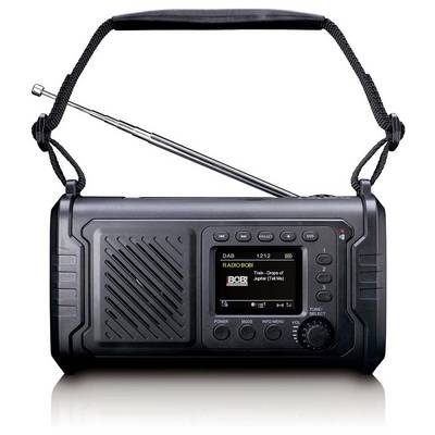 Tragbares schwarzes Radio mit Tragegriff und Antenne, auf der Vorderseite mit kleinem Display und Bedientasten.