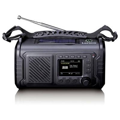 Schwarzes tragbares Lenco-Radio mit Antenne, Trageriemen, Lautsprechergitter und kleinem Display mit DAB-Stationsinformationen.