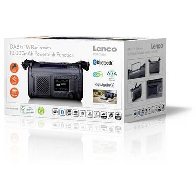 Produktbox für ein Lenco DAB+/FM-Radio mit 10.000-mAh-Powerbank mit Bluetooth-, DAB+-, ASA- und digitalem Radio-Logos.