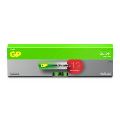 GP Super Alkaline-Batterien, 12er-Pack mit grüner und silberner Verpackung, mit der Beschriftung „Super" und „+50% mehr Leistung"