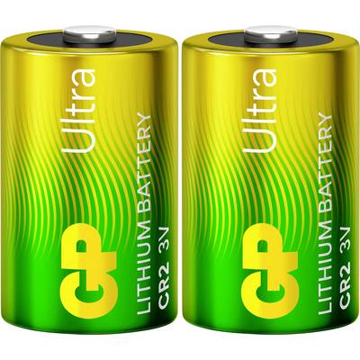 Zwei Ultra-Lithium-Batteriezellen mit den Bezeichnungen „GP Ultra", „LITHIUM BATTERY" und „CR2 3V", nebeneinander dargestellt.