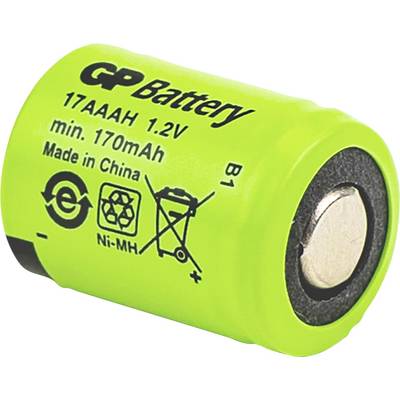 Green GP Battery 17AAAH Ni-MH Akku, 1,2V, 170mAh, in Seitenansicht dargestellt mit sichtbarem Pluspol.