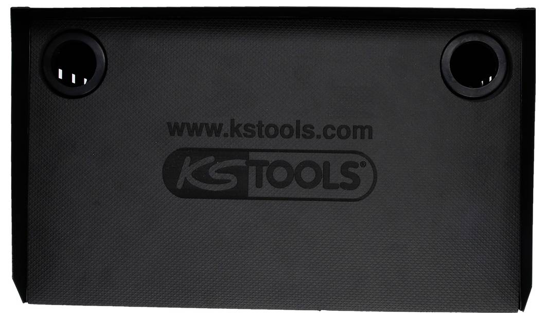 Schwarzer KSTools Lagerkoffer oder Werkzeugkasten mit zwei kreisförmigen Ausschnitten an den oberen Ecken und dem Text „www.kstools.com" und „KS TOOLS" auf der Vorderseite.