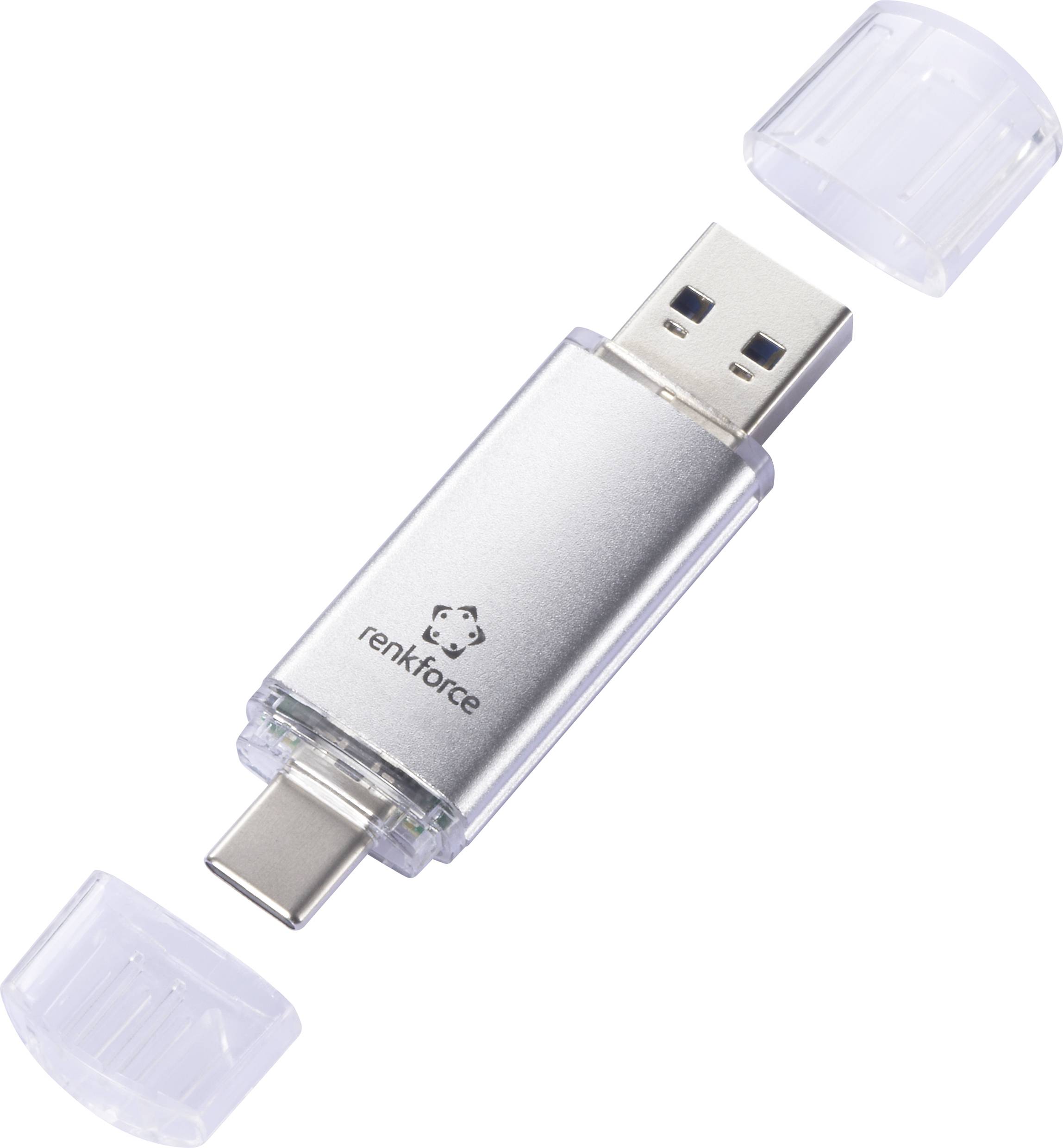 Silberner USB-Speicherstick mit USB-A- und USB-C-Anschlüssen, dargestellt mit entfernten Schutzdeckeln auf weißem Hintergrund.