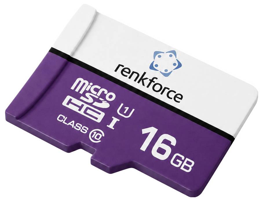 Renkforce 16 GB microSD Class 10 Speicherkarte in lila und weißer Verpackung.