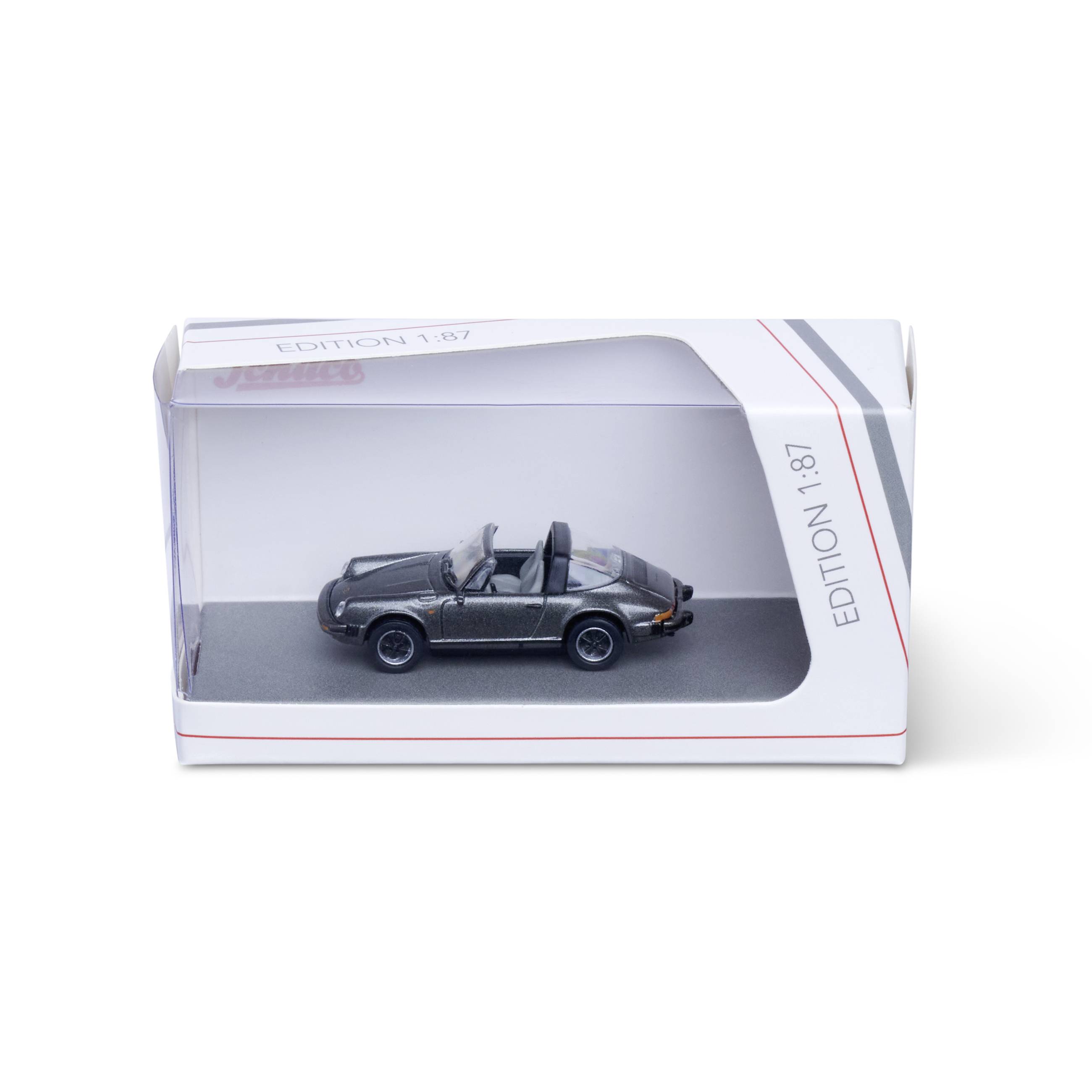 Schwarzes Miniatur-Cabrio-Modellauto, das in einer durchsichtigen Plastikbox mit der Aufschrift 'EDITION 1:87' ausgestellt ist.