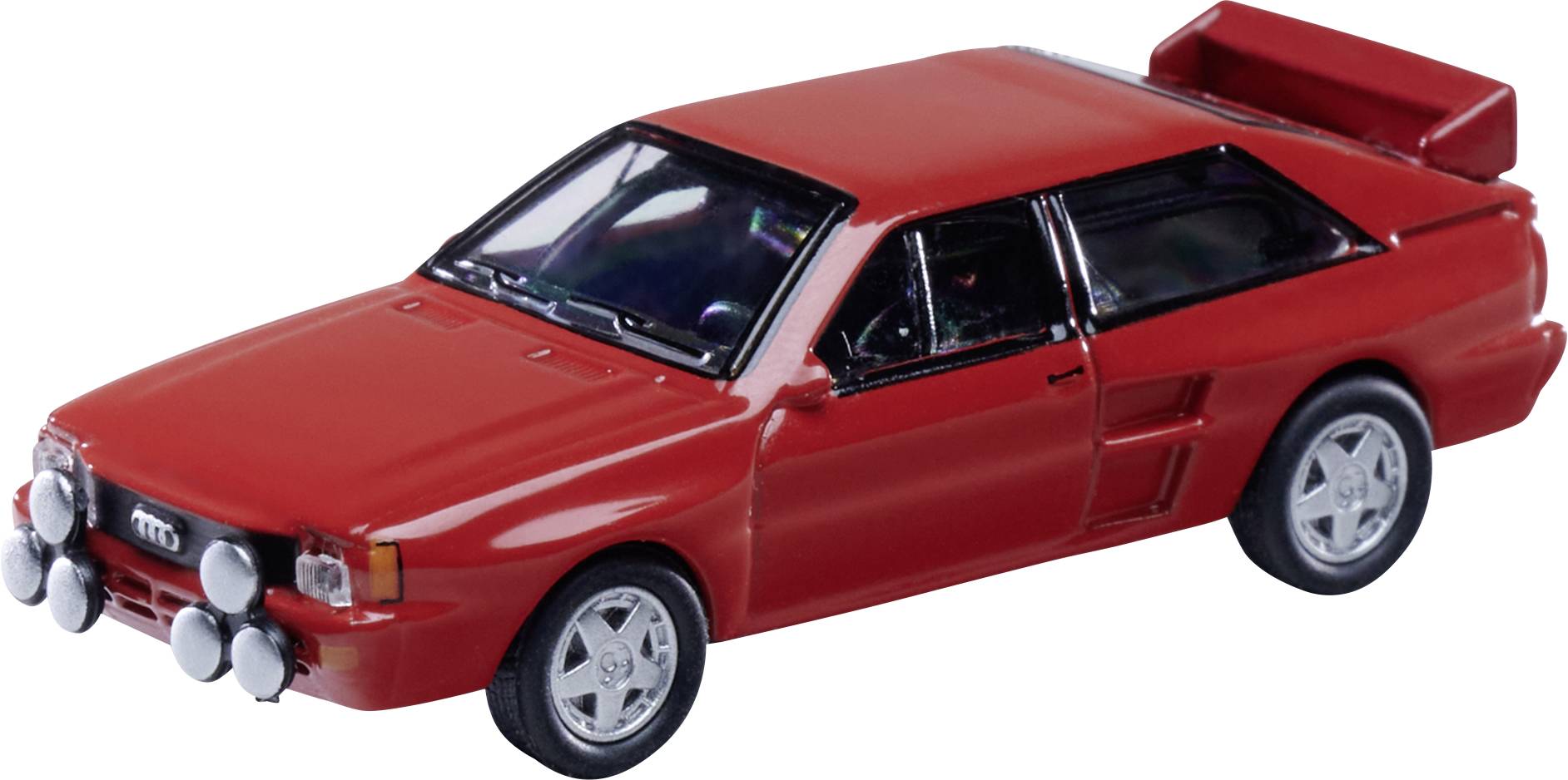 Rotes Spielzeug-Sportauto mit Rallye-Scheinwerfern, auf weißem Hintergrund abgebildet.