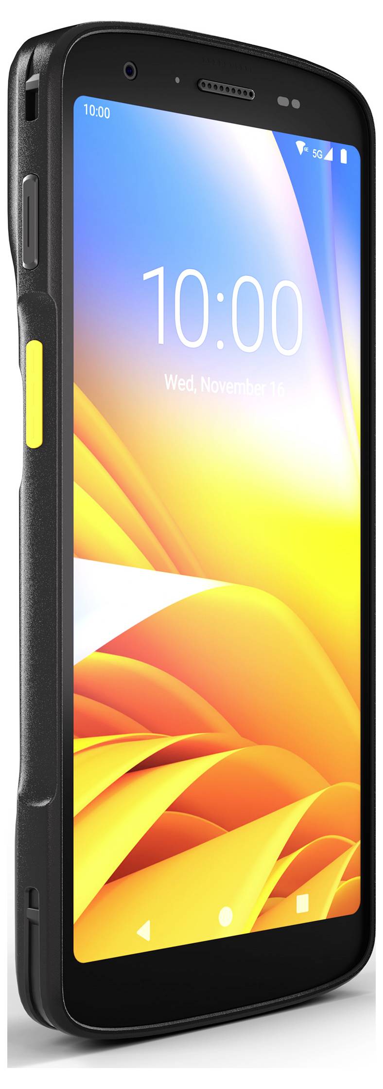 Robustes schwarzes Smartphone in einer Schutzhülle, in der Vorderansicht dargestellt mit einem leuchtend orange-gelben abstrakten Startbildschirm, der 10:00 anzeigt.