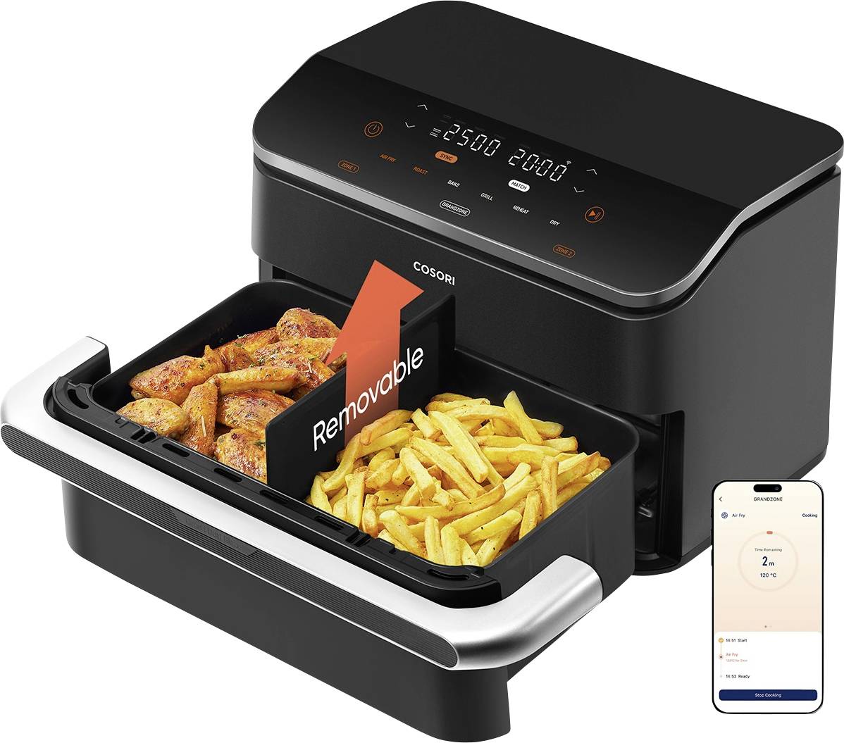 Schwarze Dual-Schublade Heißluftfritteuse mit abnehmbarem Trennsteg, eine Schublade mit Hühnerflügeln und die andere mit Pommes frites; kleine Smartphone-App-Steuerung angezeigt.