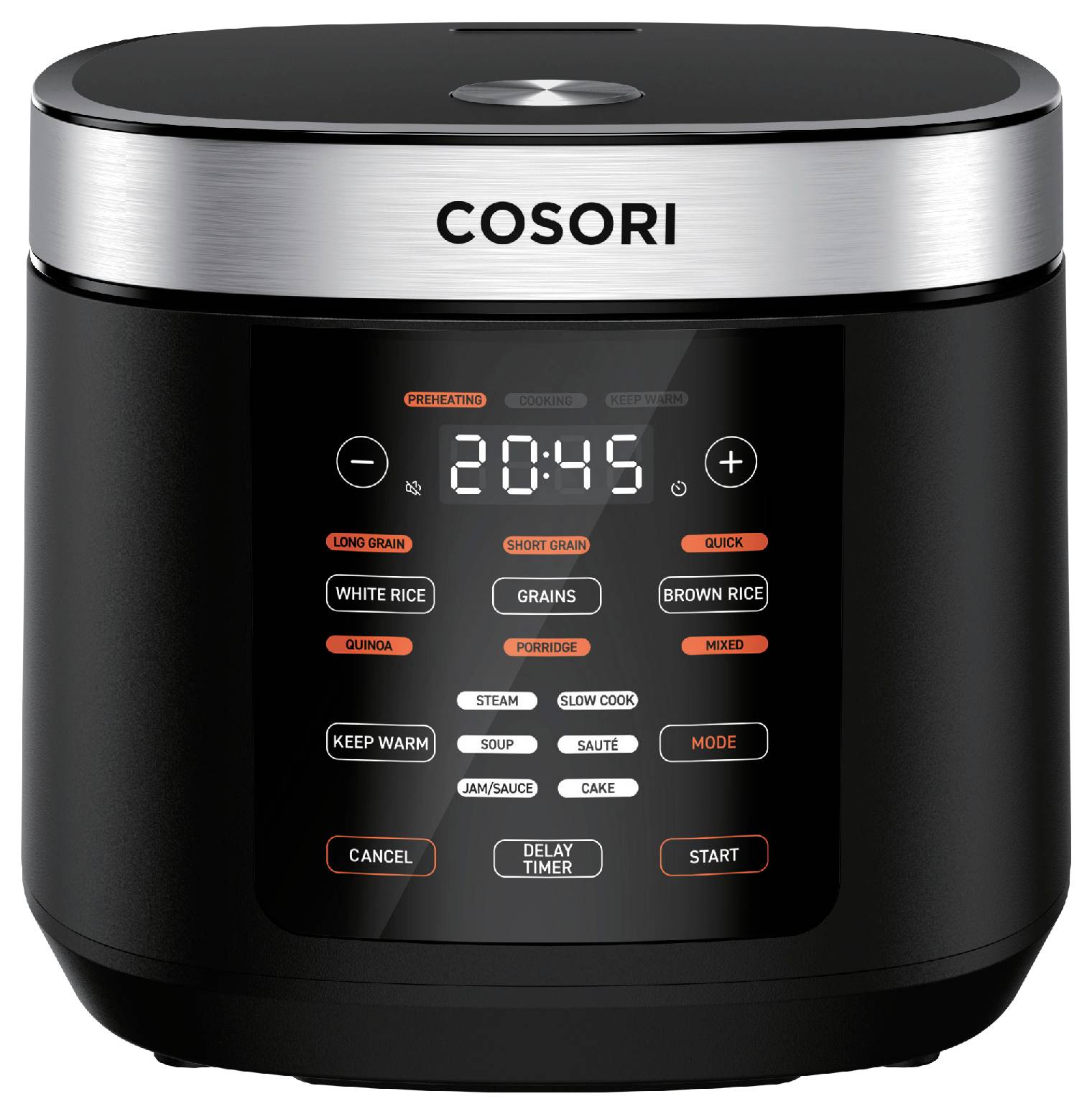 COSORI digitaler Reiskocher mit Uhrendisplay, das 20:45 anzeigt, und Kochvoreinstellungstasten für Weißreis, Getreide, Naturreis, Dampf, Suppe, Sauté und Start/Abbrechen.