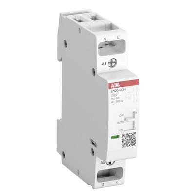 ABB EN20-20N modulares elektrisches Relais/Timer mit beschrifteten Klemmen, Modusschalter, Statusanzeige und QR-Code auf der Vorderseite