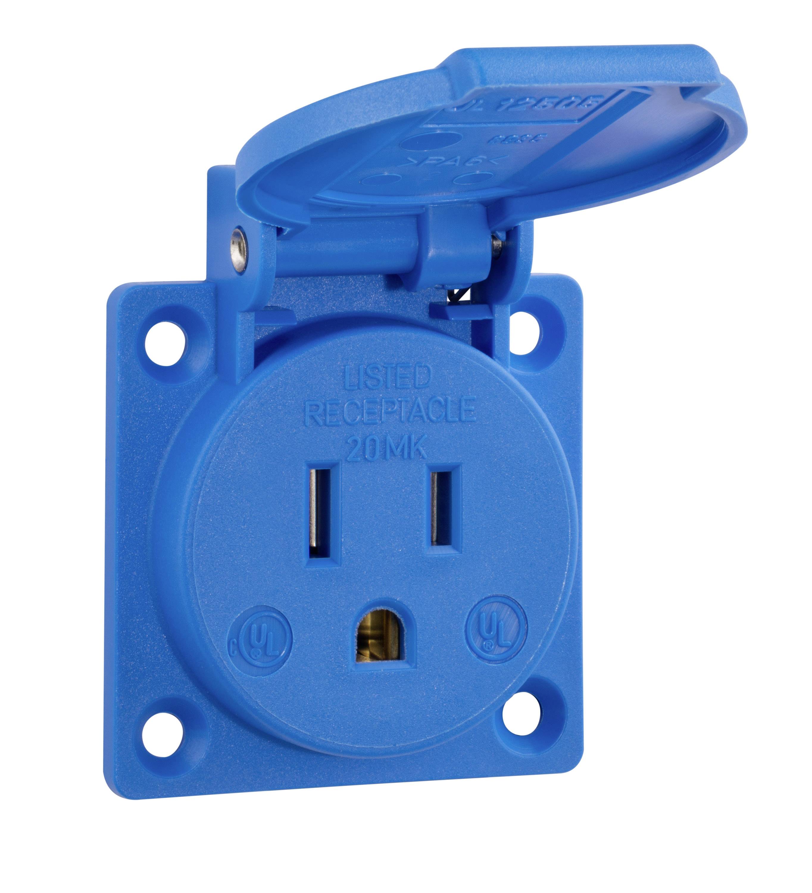 Blauerstaubdichter Stromauslass mit aufklappbarem Schutzdeckel, shown open.