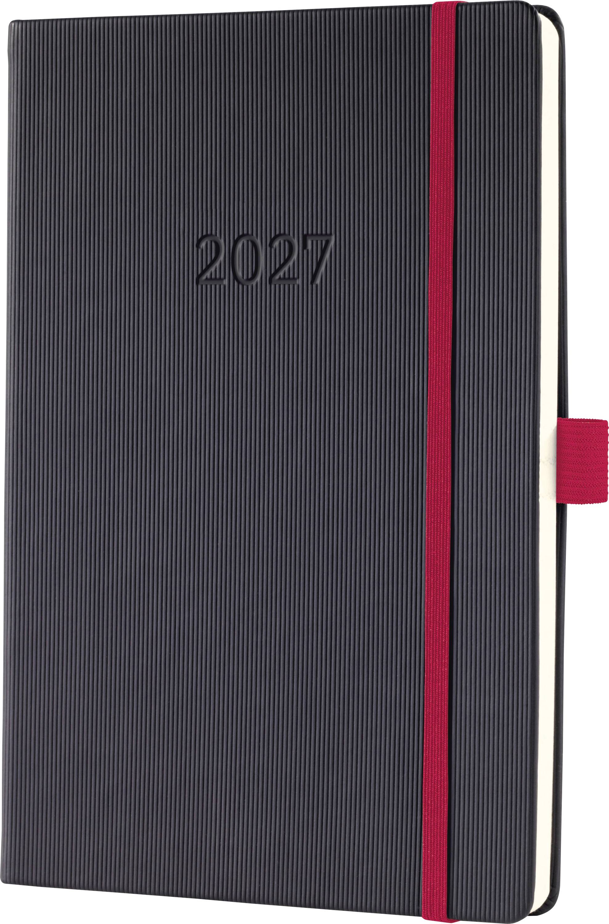 Schwarzer Hardcover-Planer 2027 mit rotem Gummiband und Lesezeichenband, geschlossen vor weißem Hintergrund abgebildet.