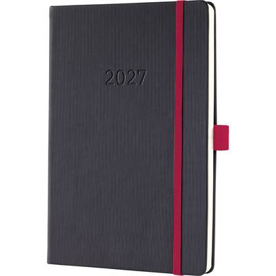 Schwarzer Hardcover-Planer 2027 mit rotem Gummiband und Lesezeichenband, geschlossen vor weißem Hintergrund abgebildet.