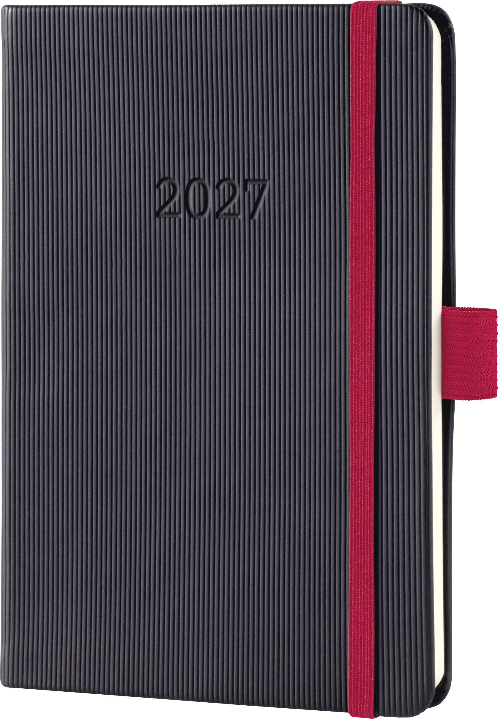 Schwarzes Planernotizbuch 2027 mit vertikaler Rippenstruktur auf dem Umschlag, rotem Gummiband und rotem Lesezeichenband.