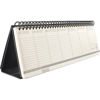 Spiral-gebundener Schreibtisch-Plankalender mit wöchentlichen Daten und linierten Planungsspalten auf einem dreieckigen Ständer.