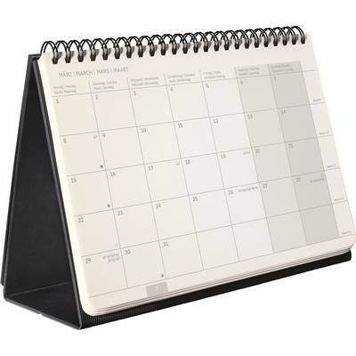 Ein spiralgebundener Tischkalender, der im März aufgeschlagen ist und ein monatliches Gitterfeld mit Daten und Wochentagen zeigt.