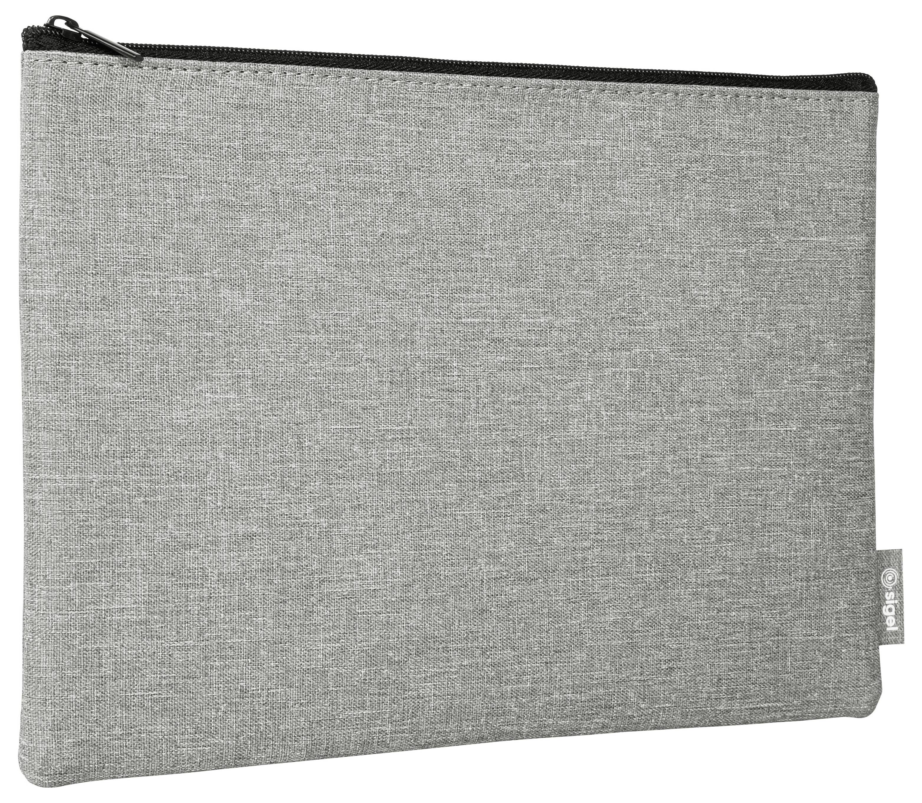 Graue Stoff-Tasche mit Reißverschluss, schwarzer Reißverschluss und kleines Seitenetikett, vor weißem Hintergrund.