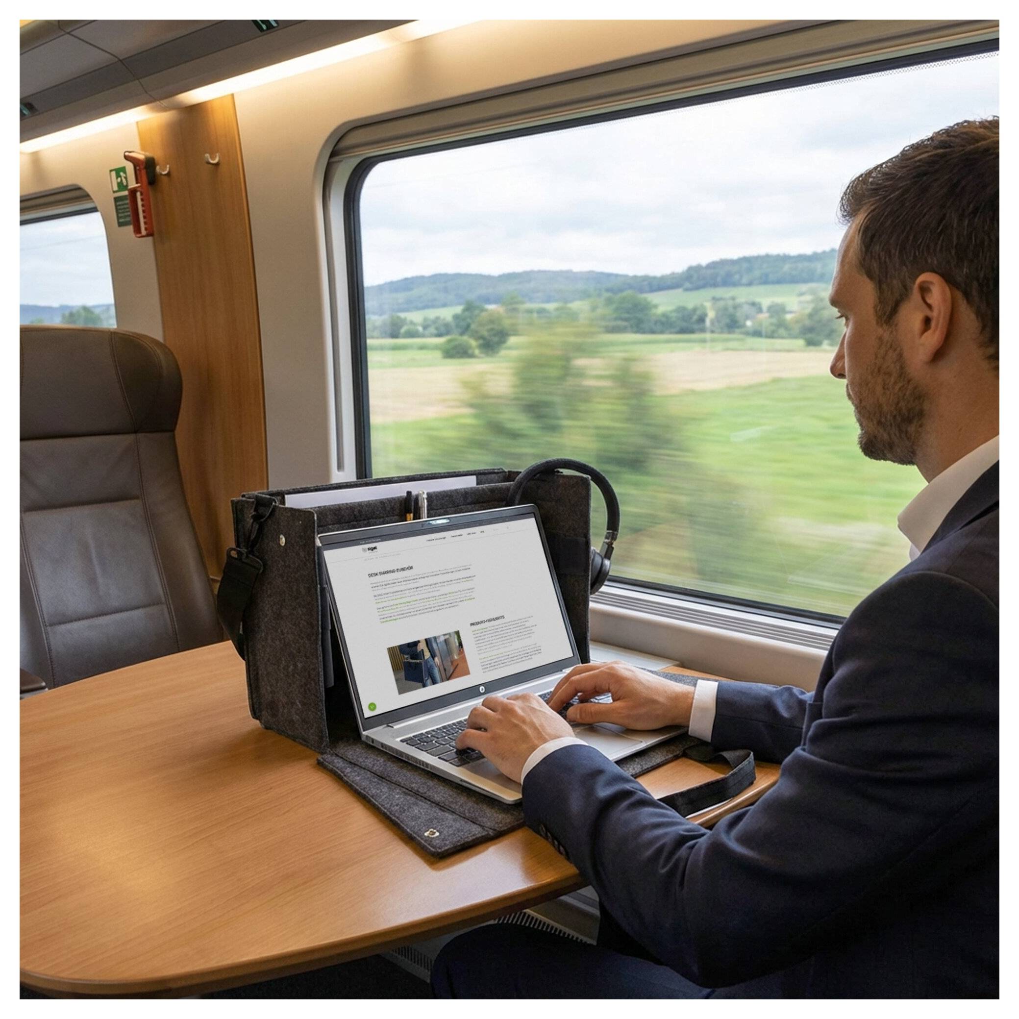 Geschäftsmann, der an einem Laptap am Zugtisch arbeitet, mit einer Landschaftslandschaft durch das Fenster sichtbar.