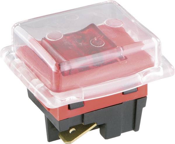 Roter Notfall-Stopp-Druckknopf mit transparenter Schutzhaube und schwarzer Basis, montiert auf einer industriellen Schaltanlage.