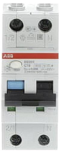 Weißer elektrischer Leitungsschutzschalter mit zwei runden Anschlüssen, einem schwarzen zentralen Schalter, rotem Markenlabel und blau/schwarzen Anschlussöffnungen.
