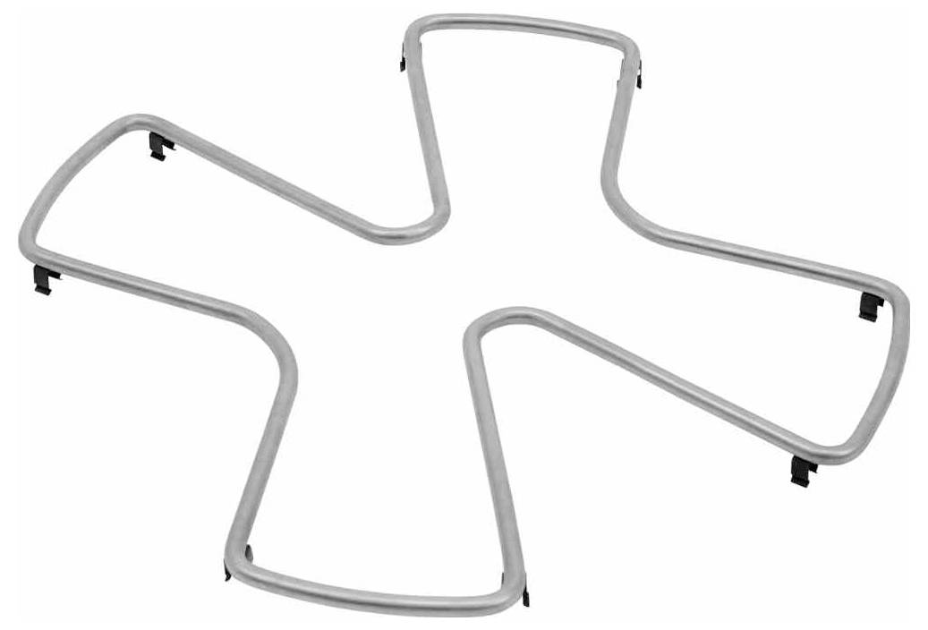 Silbernes Metallkreuz in Form eines Gestells oder Rahmens mit vier gebogenen Armen, dargestellt auf weißem Hintergrund.