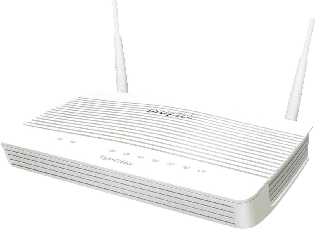Weißer kabelloser Router mit zwei Antennen vor einem einfachen Hintergrund, in schräger Produktansicht dargestellt.