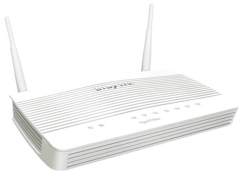 Weißer kabelloser Router mit zwei Antennen und Statusleuchten an der Vorderseite