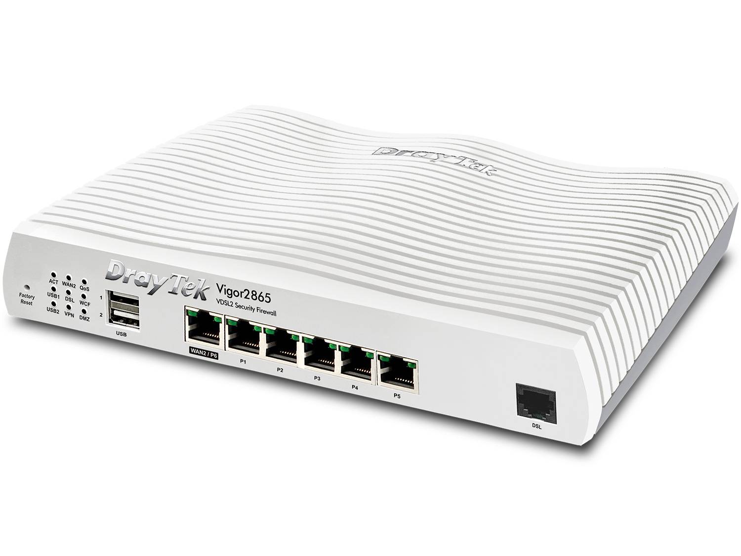 Weißer DrayTek Vigor2865 Netzwerk-Router mit mehreren Ethernet-Anschlüssen und USB-Anschlüssen, dargestellt in einem produktgerechten Bild.