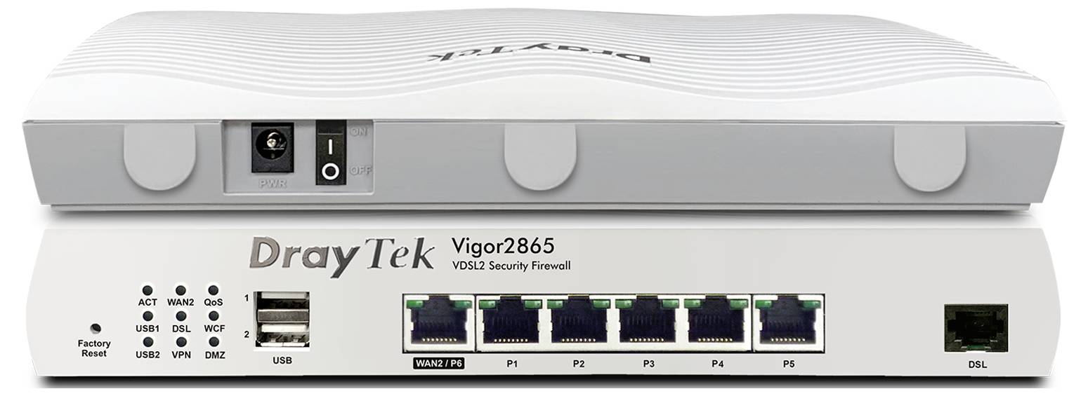 Vorderansicht eines DrayTek Vigor2865 VDSL2 Sicherheits-Firewall-Routers mit LED-Statusanzeigen auf der Frontplatte, USB-Anschlüssen, fünf LAN-Anschlüssen und einem DSL-Anschluss.