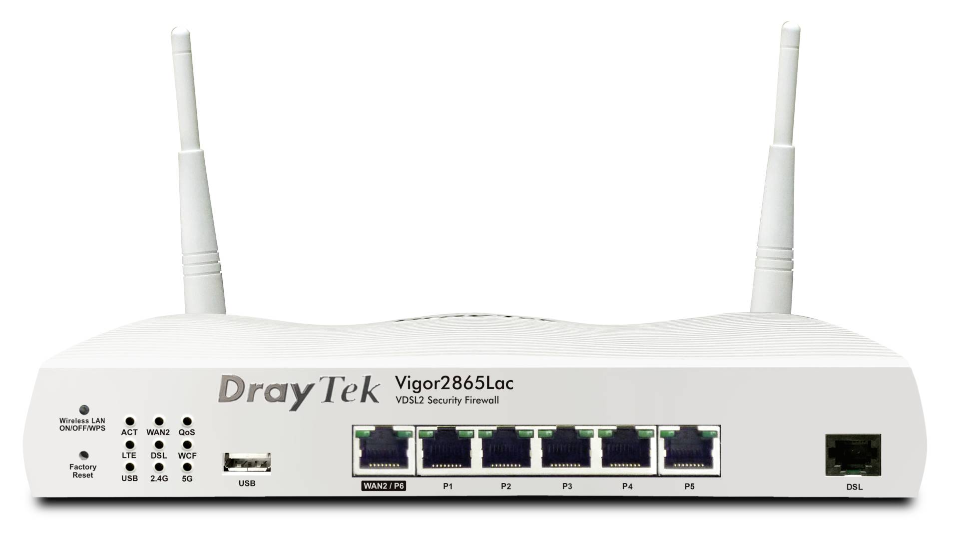 Frontansicht eines DrayTek Vigor2865Lac VDSL2-Sicherheits-Firewall-Routers mit Antennen, Statusleuchten, USB-Anschluss, fünf LAN-Anschlüssen und DSL-Anschluss.